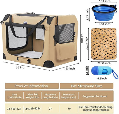 Portable Dog Crate, Collapsible Dog Travel Crate 32x23x23 with Soft Blanket Foldable Bowl and a Poop Bag with Dispenser for Medium & Large Dogs