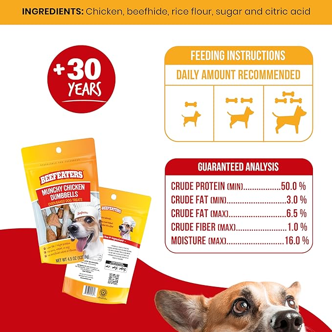 Beefeaters Dog Treats - Munchy Chicken Dumbbells 4.5oz, Case of 6 | Dog Food Savory Real Chicken & Beef Hide Treats | High Protein & Low Fat | Training Treats for All Dog Sizes