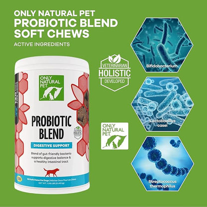 Only Natural Pet Probiotic Dog and Cat Supplement - Digestive & Gut Health Enzyme Formula, Puppy & Canine Digestive Chews, Best for Stomach Relief & Gas Aid - Soft Chews, 120 Count.
