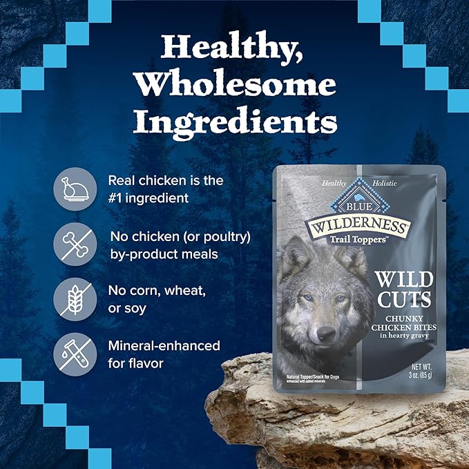 Blue Buffalo Wilderness Trail Toppers Wild Cuts High Protein Natural Wet Dog Food, Chunky Chicken Bites in Hearty Gravy, 3 Oz pouches (Pack of 24)