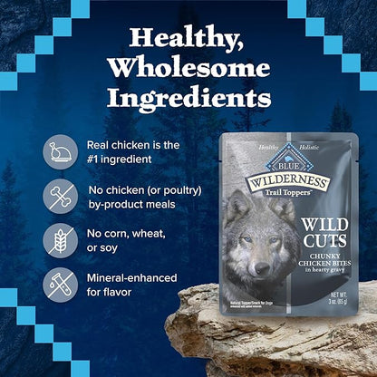 Blue Buffalo Wilderness Trail Toppers Wild Cuts High Protein Natural Wet Dog Food, Chunky Chicken Bites in Hearty Gravy, 3 Oz pouches (Pack of 24)