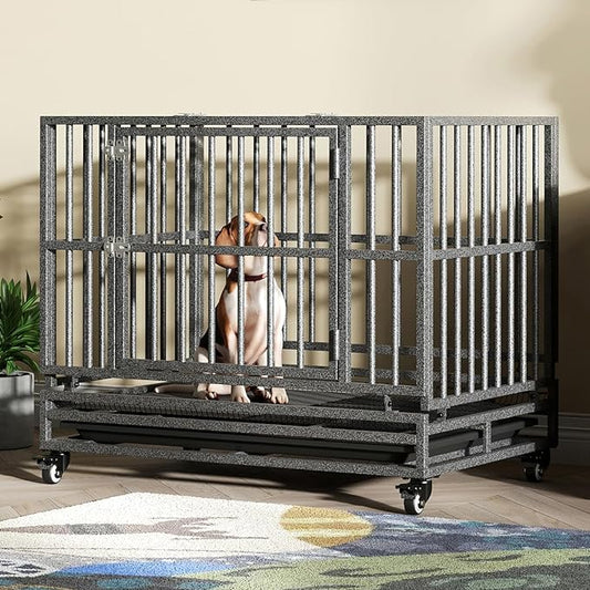 38/42/46 inch Heavy Duty Extra Large Indestructible Dog Crate Kennel Indoor with Separation Anxiety Lockable Wheels and Removable Tray