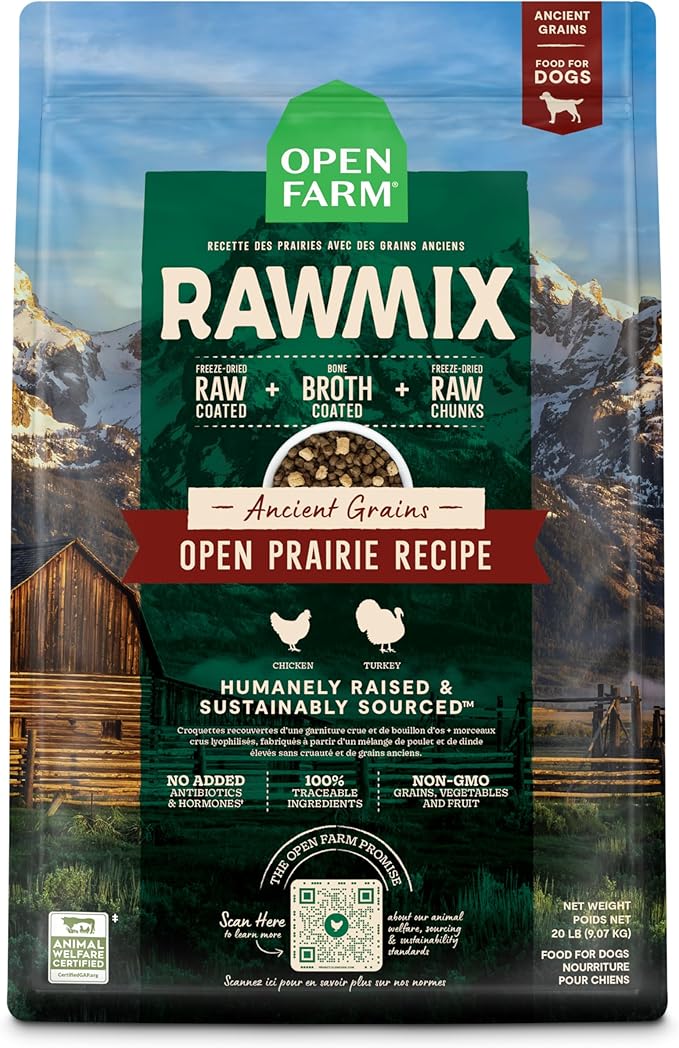 Open Farm RawMix Ancient Grains Prairie Recipe for Dogs, includes Kibble, Bone Broth, and Freeze Dried Raw, Inspired by The Wild, Humanely Raised Protein and Non-GMO Fruits and Veggies, 20 lb