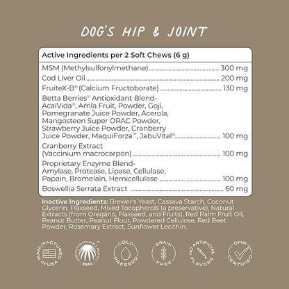 CYMBIOTIKA Dog Hip & Joint Support Supplement, Cod Liver Oil and MSM Supplement for Dog Bone Health Support, Omega Rich Chewy Treats for Small to Large Breed Dogs, Peanut Butter Flavor, 50 Chews