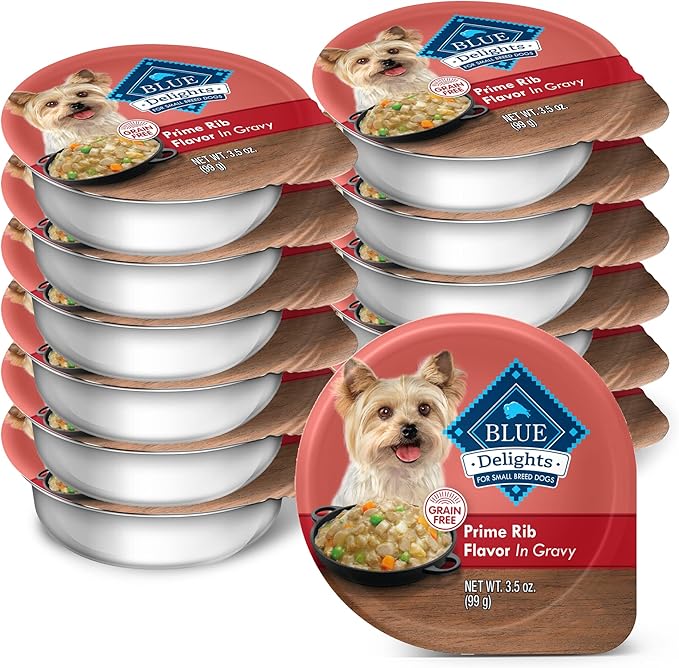 Blue Buffalo Delights Natural Adult Small Breed Wet Dog Food Cup, Prime Rib Flavor in Hearty Gravy 3.5-oz (Pack of 12)