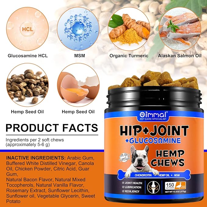 Hemp Hip and Joint Supplement for Dogs, Hemp Treats Joint Pain Relief, Hip & Joint Supplement w/MSM + Chondroitin + Hemp Oil + Omega 3, 150 Dog Joint Pain Relief Treats