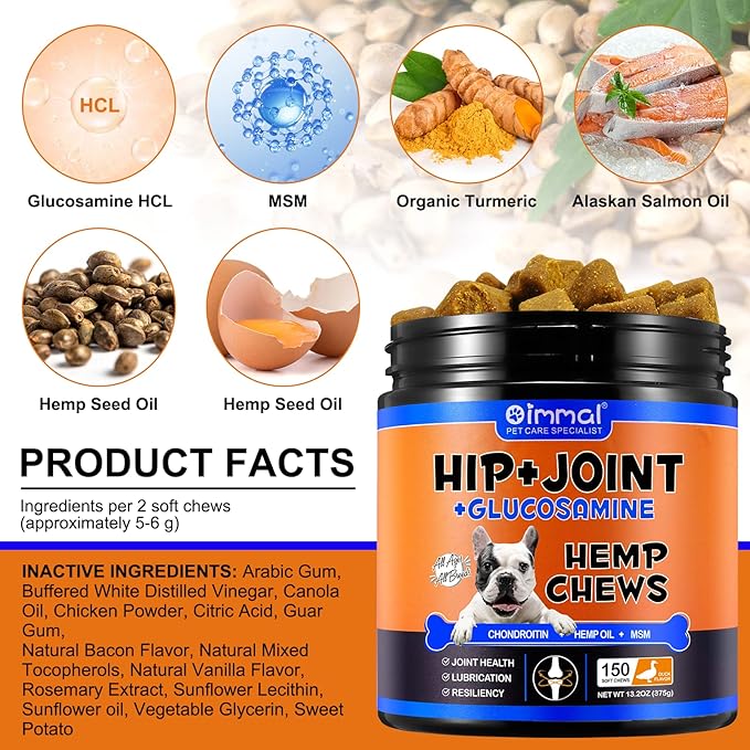 Hemp Hip and Joint Supplement for Dogs, 150 Dog Joint Pain Relief Treats, Glucosamine for Dogs, Hip & Joint Supplement w/MSM + Chondroitin + Omega 3, Mobility & Flexibility Support
