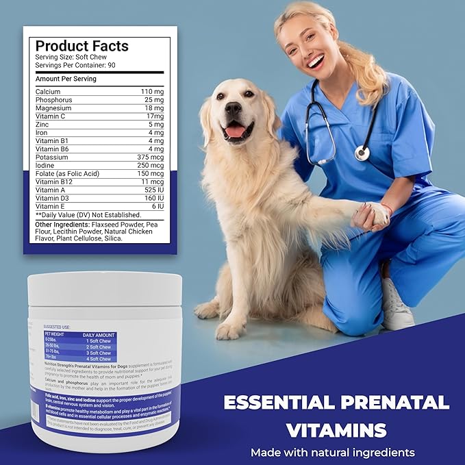 Prenatal Multivitamin Soft Chews for Dogs, 90 Count - Dog Prenatal Vitamins with Folic Acid, Zinc, and Calcium - Supports Milk Production - Delicious Chicken Flavor