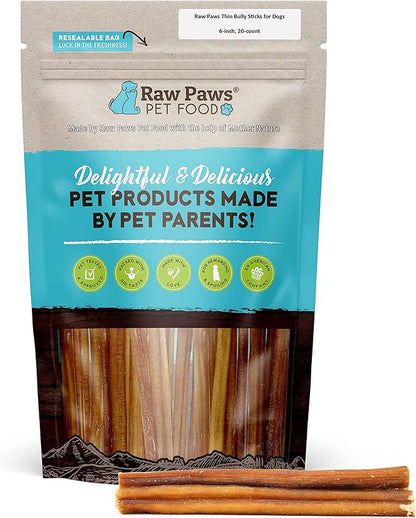 Raw Paws Thin Bully Sticks for Dogs, 6 inch, 20-ct - Free Range Bull Pizzle - Low Odor Mini Bully Sticks for Puppies - Small Bully Sticks - Puppy Bully Sticks for Dogs - Bully Sticks for Small Dogs