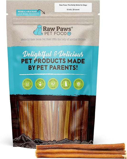 Raw Paws Thin Bully Sticks for Dogs, 6 inch, 20-ct - Free Range Bull Pizzle - Low Odor Mini Bully Sticks for Puppies - Small Bully Sticks - Puppy Bully Sticks for Dogs - Bully Sticks for Small Dogs