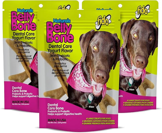 Belly Bones for Dogs, Yogurt Flavored Large Dog Dental Treats - 4 Treats Per Pack (3 Pack) - for Large Dogs (Made in USA) - Plaque and Tartar Control for Fresh Breath, Digestive Health Support