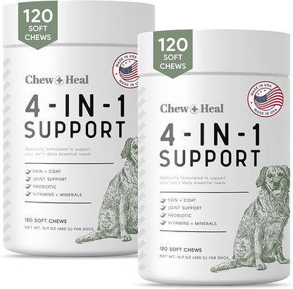 Chew + Heal All in 1 Dog Vitamin, 2PK - 240 Soft Chew Treats - Chewable Multivitamin with Probiotics, Digestive Enzymes, for Skin and Coat, Hip and Joint Support - Made in The USA
