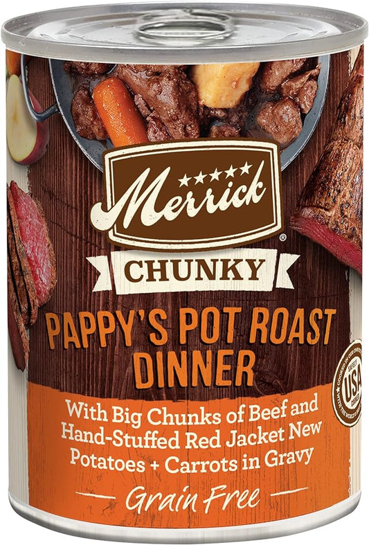 Merrick Chunky Grain Free Premium And Wholesome Canned Dog Food, Real Meat Pappy’s Pot Roast Dinner In Gravy - (Pack of 12) 12.7 oz. Cans