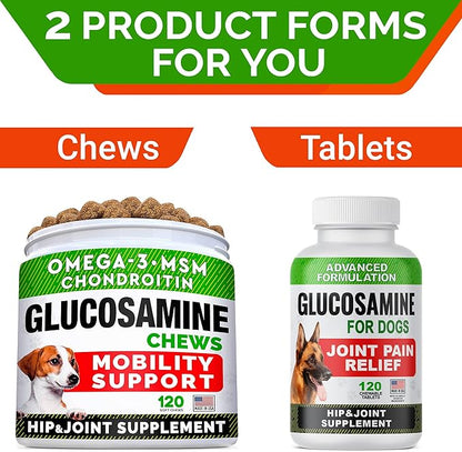 Glucosamine Tablets for Dogs - Joint Supplement w/Omega-3 Fish Oil - Chondroitin, MSM - Advanced Mobility Chews - Joint Pain Relief - Hip & Joint Care - 120 Ct - Made in USA
