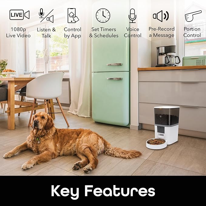 Geeni 6L Smart Pet Feeder with Camera, 1080p HD, Night Vision, Two-Way Audio, Pre-Recorded Messages, WiFi Enabled, Voice Control with Alexa & Google Home, Automatic Cat & Dog Food Dispenser, White