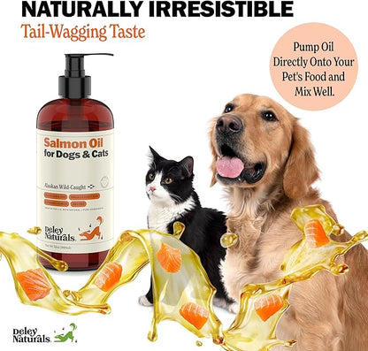Deley Naturals Premium Alaskan Wild Caught Salmon Oil for Dogs and Cats - Omega-3 Rich Fish Oil Supplement for Healthy Skin, Coat, and Joints - All-Natural, Sustainably Sourced - 32 Oz