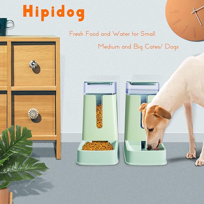 Automatic Cat Feeder and Cat Water Dispenser in Set 2 Packs Automatic Dog Feeder and Dog Water Dispenser 1 Gallon for Small Medium Big Dog Pets Puppy Kitten (green)