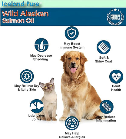 Wild Alaskan Salmon Oil for Dogs and Cats by Iceland Pure | 1,043 mg of Omega-3 per Teaspoon | Salmon Oil & Pollock Blend | BPA-Free Brushed Aluminum Epoxy Coated Bottle with Pump - 8.75 oz