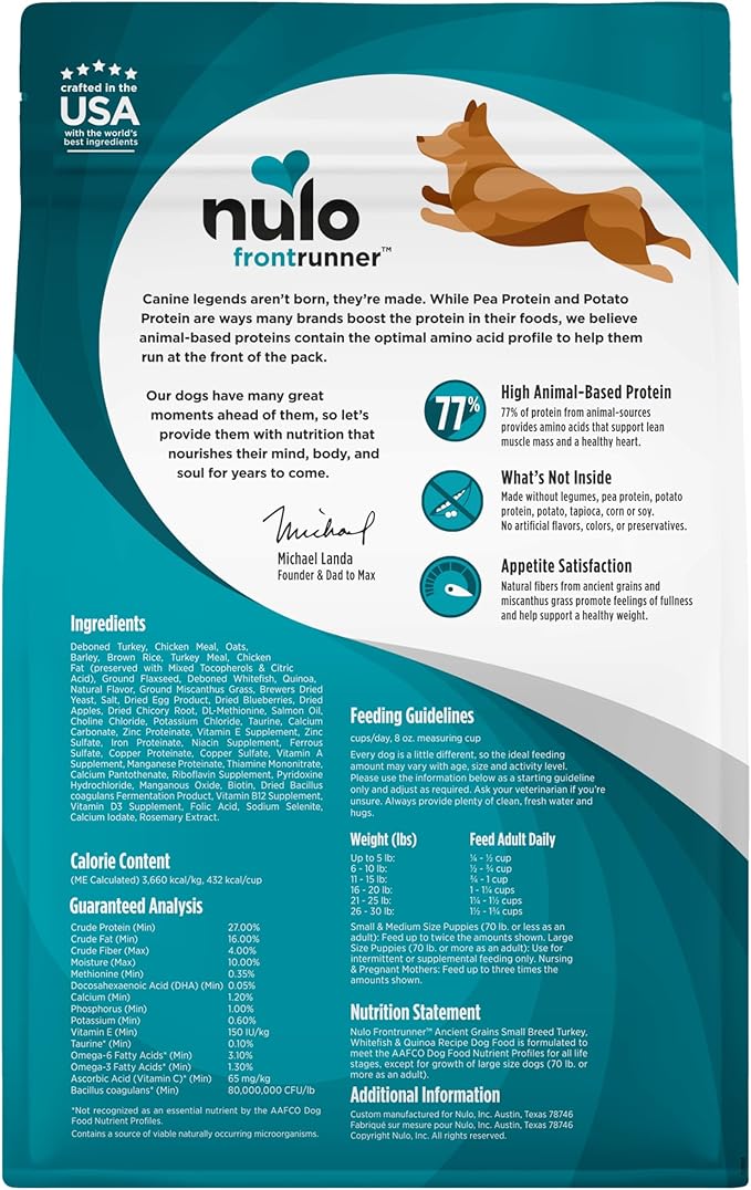 Nulo Frontrunner Small Breed Dry Dog Food, Premium Ancient Grain Small Kibble for Proper Chewing with Taurine for Heart Health and Probiotics for Digestive Support