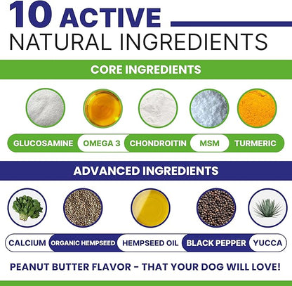 ADVANCED Hemp Hip & Joint Supplement for Dogs - Glucosamine for Dogs - Dog Joint Pain Relief Treats - Chondroitin Turmeric MSM Hemp Oil - Hemp Treats for Joint Health - Peanut Butter