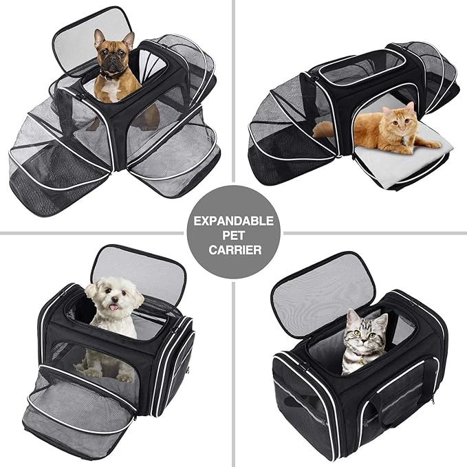 Airline Approved Expandable Pet Carrier with Mesh Pockets, Shoulder Strap, Washable Pads - For 2 Cats, Kittens, Puppies, Dogs