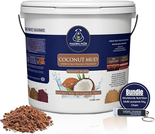 Madra Mor Coconut Mud Dog Wash Spa Essentials | Dog Grooming | Dry Skin Treatment | 7.5lb Pail with Worldwide Nutrition Multi-Purpose Keychain