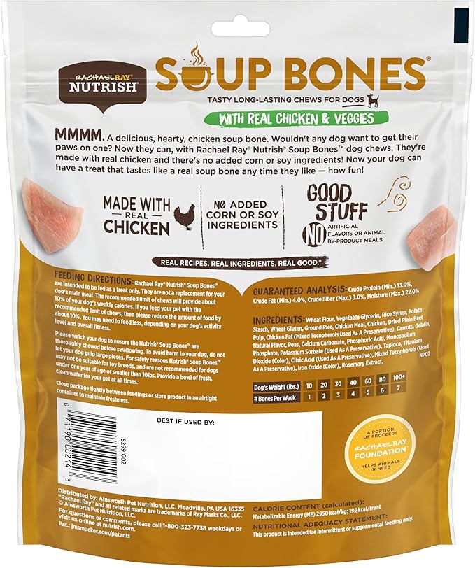 Nutrish Rachael Ray Chicken & Veggies 40 Pounds Dry Dog Food (Packaging May Vary) + Chicken Recipe 11 Count Soup Bones Bundle
