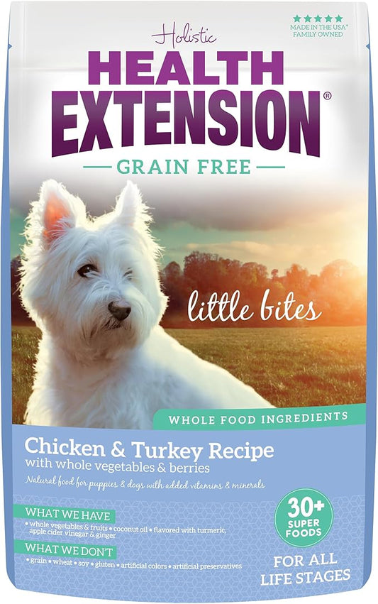 Health Extension Grain Free Little Bites for Dogs, Natural Food with Added Vitamins & Minerals, Perfect for Teacup, Toy & Small Dogs, Chicken & Turkey Recipe (12lb Bag)