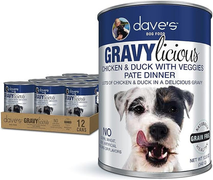 Dave's Pet Food Gravylicous Soft Wet Dog Food for Small & Large Dogs (Chicken & Duck with Veggies), Grain Free Canned Dog Food, Added Vitamins & Minerals, Wheat & Gluten-Free, 12oz Cans (Case of 12)