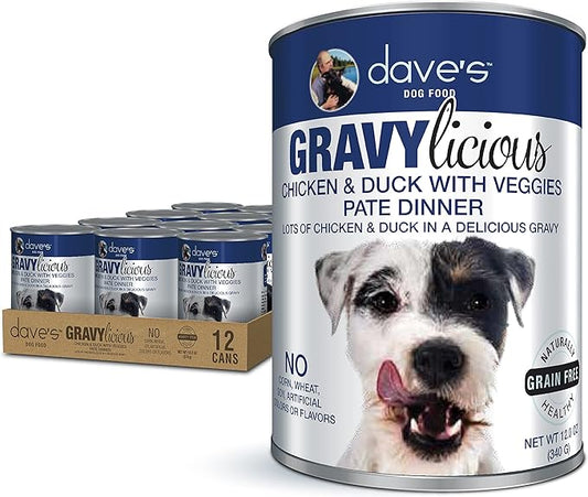 Dave's Pet Food Gravylicous Soft Wet Dog Food for Small & Large Dogs (Chicken & Duck with Veggies), Grain Free Canned Dog Food, Added Vitamins & Minerals, Wheat & Gluten-Free, 12oz Cans (Case of 12)