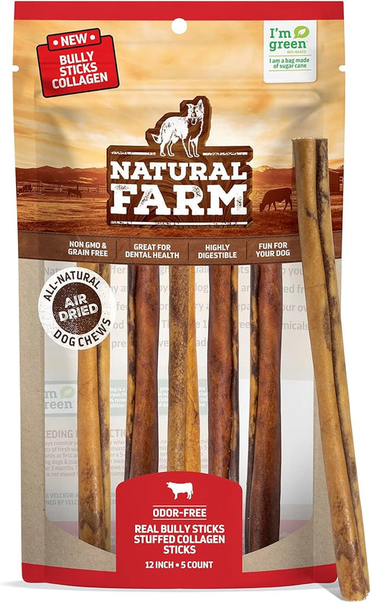 Natural Farm Bully Sticks Stuffed Collagen Sticks for Dogs (12 Inch, 5-Pack), Rawhide-Free Collagen Sticks, Natural Dog Chews, Long Lasting, for Small, Medium and Large Dogs, Great Rawhide Alternative