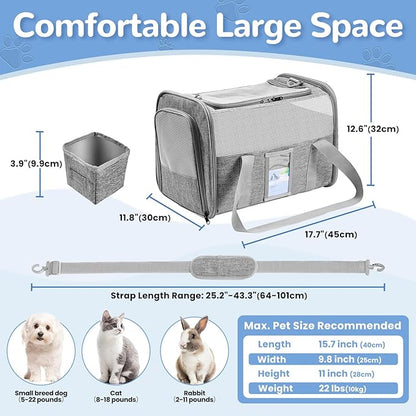 Soft Sided Cat Carrier for Under 18 Pounds, Folable Pet Carrier for Small Medium Cats Dogs, Roomy Dog Travel Carrier, Collapsible Puppy Carrier Bag with Locking Safety Zippers, Gray