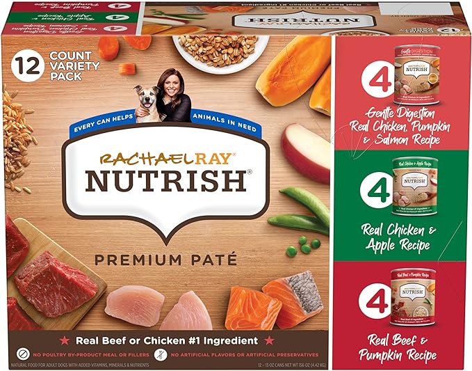 Nutrish Rachael Ray Wet Dog Food, Natural Food for Adult Dogs with Added Vitamins, Minerals & Nutrients, Beef, Chicken, and Gentle Digestion Variety Pack, 13 Ounce Can (Pack of 12)