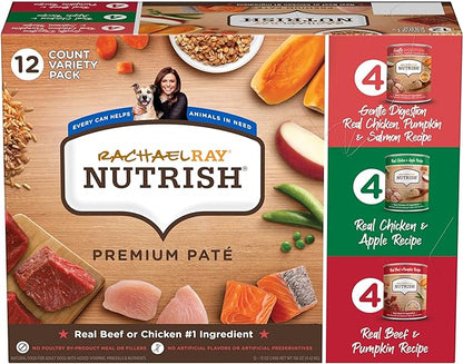 Nutrish Rachael Ray Wet Dog Food, Natural Food for Adult Dogs with Added Vitamins, Minerals & Nutrients, Beef, Chicken, and Gentle Digestion Variety Pack, 13 Ounce Can (Pack of 12)