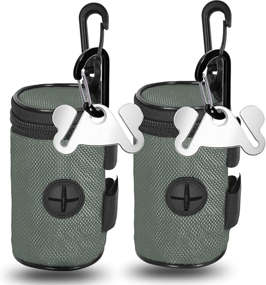 2 Pack Dog Poop Bag Holder for Leash Attachment - Waste Bag Dispenser for Leash - Fits Any Dog Leash - Portable Set with Hand Free Holder Metal Carrier, Round Style, Grey