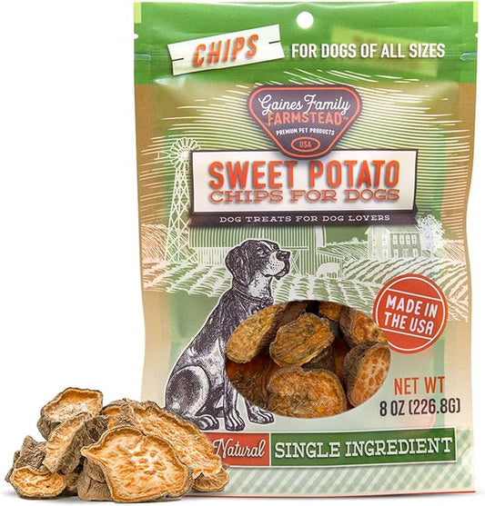 Gaines Family Farmstead Sweet Potato Dog Chips, 100% Natural Treats for Small & Large Dogs, Rawhide Alternative for Dog Training, Rich in Vitamins, Made in The USA, 8 Ounce Bag