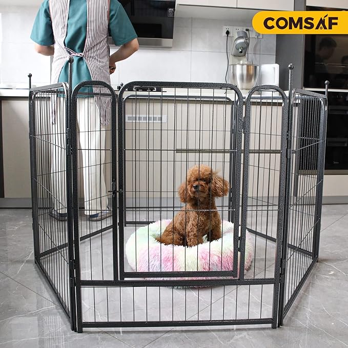 ComSaf Dog Playpen, 32" Height 8 Panels Metal Dog Fence with One Easy-Carry Straps, Playpen Pet Fence for Large/Medium/Small Dogs, Portable Dog Pen for Outdoor, Indoor, RV, Camping, Yard