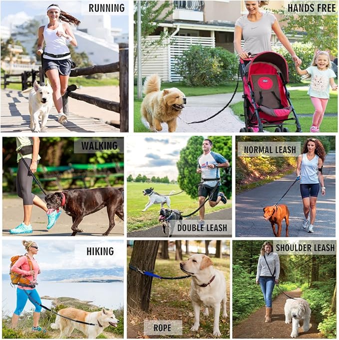 Hands Free Dog Leash for Running Walking Training Hiking, Dual-Handle Reflective Bungee, Poop Bag Dispenser Pouch, Adjustable Waist Belt, Shock Absorbing, Ideal for Medium to Large Dogs (Black W Blue)