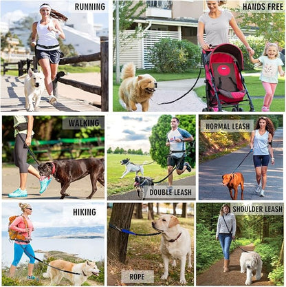 Hands Free Dog Leash for Running Walking Training Hiking, Dual-Handle Reflective Bungee, Poop Bag Dispenser Pouch, Adjustable Waist Belt, Shock Absorbing, Ideal for Medium to Large Dogs (Black W Blue)