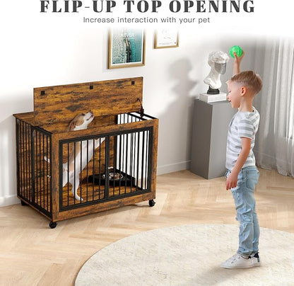39 Inch Large Wooden Dog Crate Furniture with 180° Rotatable Bowl, Brown Multi-Functional Dog Crate End Table with Wheels, Furniture Dog Crate for Large Dogs with Flip-up Top Opening