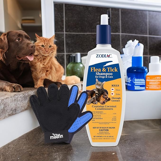 Pet Flea and Tick Shampoo for Dogs and Cats, 12 oz - Bundle with Moofin Pet Hair Removing Glove, Anti Itch Dog Shampoo, Kills Fleas & Ticks on Contact, Fresh Scent [Pack of 6]