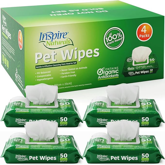 Inspire Naturals Pet Wipes for Dogs and Cats 100% Natural Plant Based with Organic Antioxidants, Dog Wipes Cleaning Deodorizing Cat Wipes | Puppy Wipes | Dog Wipes for Paws and Butt (200ct - 4 Pack)