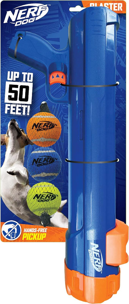 Nerf Dog Large Size Tennis Ball Blaster Dog Toy, Great for Fetch, Hands-Free Reload, Launches up to 50 ft, Single Unit, 20in Blaster with 3 Balls in Mesh Bag, Blue/Orange, Blue, Green and Orange