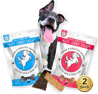 Jazzy Jerky Treats for Dgos, Beef & Salmon 2-PACK, 95% Protein, Prebiotics for Gut & Immune Health, Omega 3s & 6s for Skin & Coat, Made in USA, All ages, (Two 10 oz. bags)