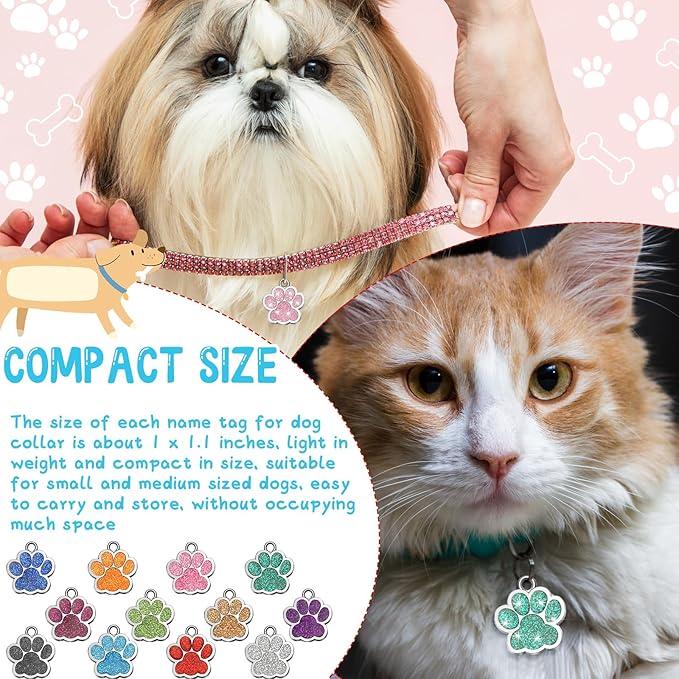 Abbylike 60 Pcs Personalized Dog Tags Blank Pet ID Tags Custom Glitter Paw Pet Tag Cute Metal Cat Name Tag Small DIY Engraved Puppy Name Tag for Dogs Pets(Silver)