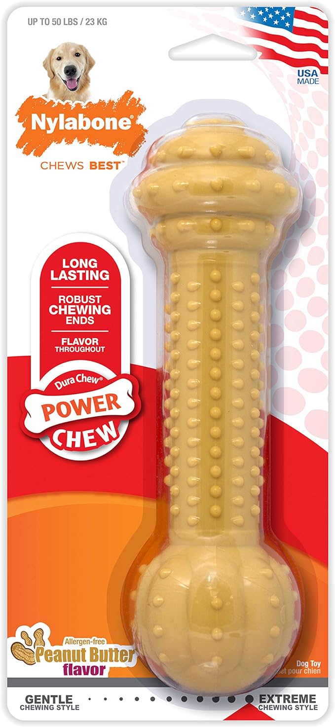 Nylabone Power Chew Barbell Bone Chew Toy for Dogs, Durable Dog Toy, Peanut Butter Flavor, Large - Up to 50 lbs. (1 Count)