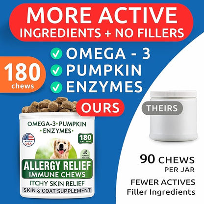 BARK&SPARK Dog Allergy Relief Chews (180 Ct) - Anti-Itch Skin & Coat Supplement - Omega 3 Fish Oil - Itchy Skin Relief Treatment Pills - Itching&Paw Licking - Dry Skin&Hot Spots -Peanut Immune Treats