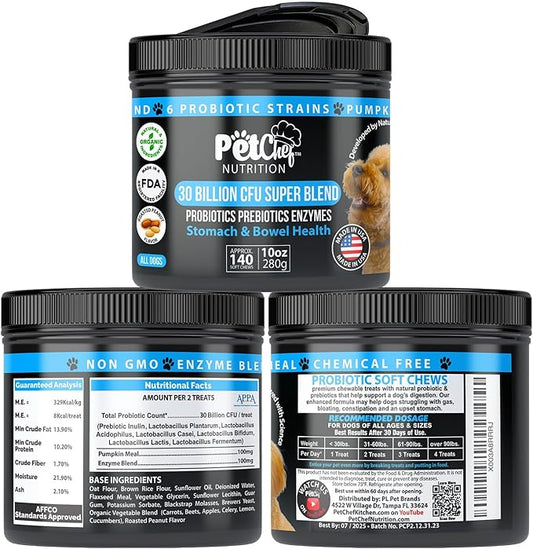 Pet Chef Probiotics Prebiotics Chew Treats for Dogs - Digestive Gut & Bowel Health Blend, Ideal for Puppies and Old Dogs with Stomach Issues, Allergy Relief, Small & Large Canine Probiotic Health