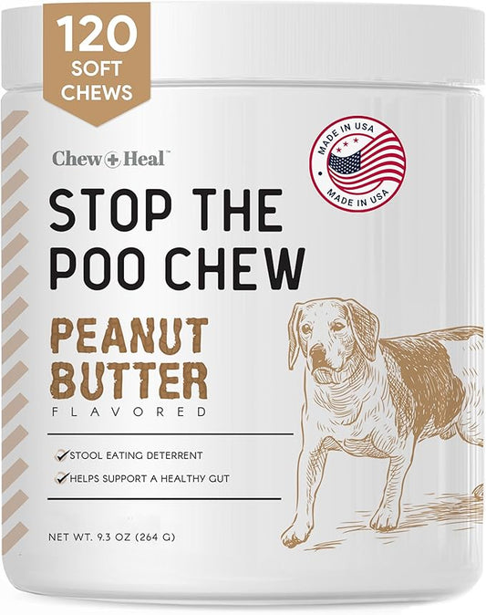 Stop The Poo Chew Coprophagia Treatment for Dogs - 120 Soft Chews - Peanut Butter Flavor Dog Deterrent for Dogs Eating Poop - Treats Bad Breath and Boosts Gut Health - Made in USA