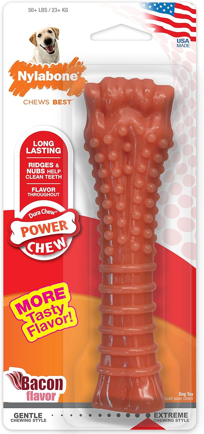 Nylabone Power Chew Textured Femur Bone Chew Toy for Dog, Indestructible Dog Toys for Aggressive Chewers Large Breed, Bacon Flavor, X-Large/Souper (1 Count)